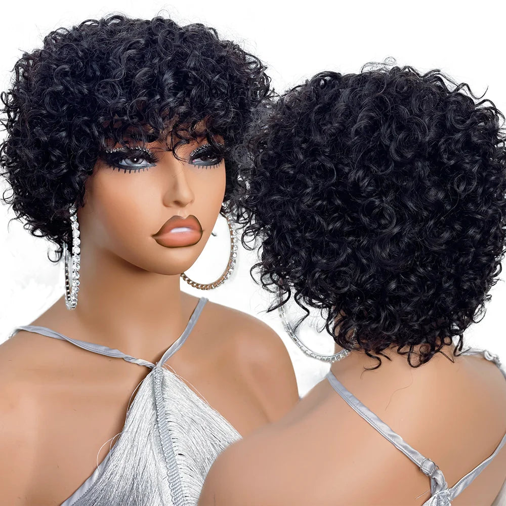 Pixie cut glueless human hair wig with bangs by JNETTE CHANEL, showcasing a stylish short hairstyle with natural hair texture.