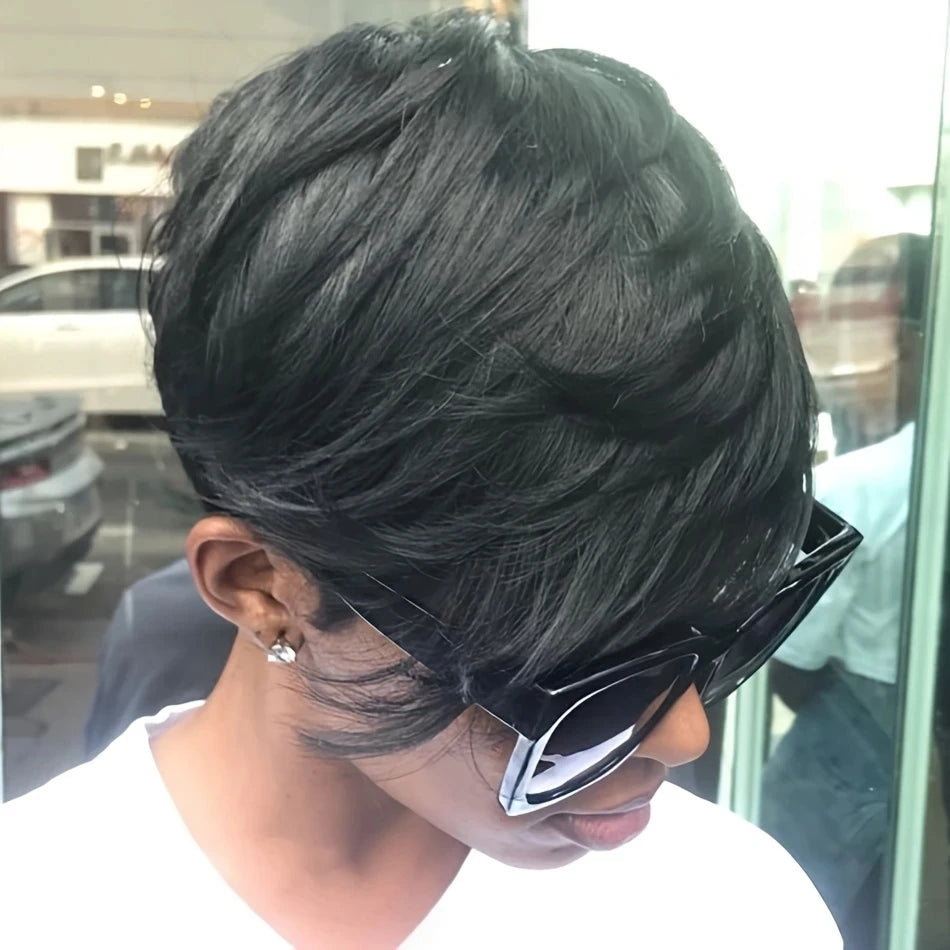 JNETTE CHANEL pixie cut human hair wig with lace front and natural dark brown color, styled with a sleek, modern look.