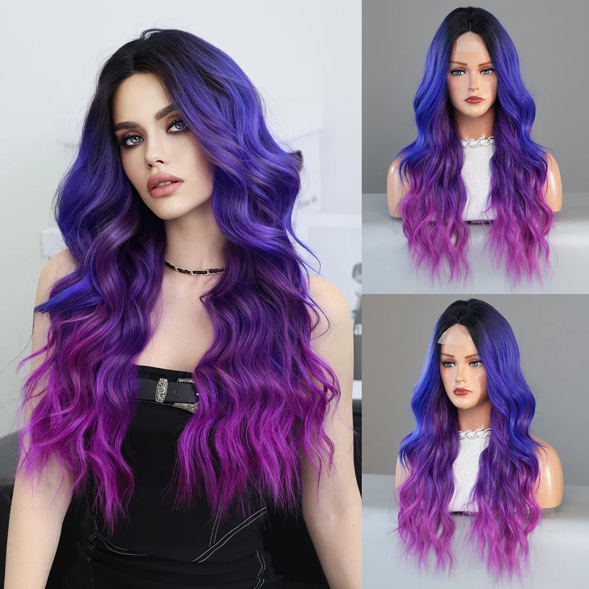 Synthetic Heat Resistant Lace Front HD Transparent Ombre  Body Wavy  with Bangs Wigs
