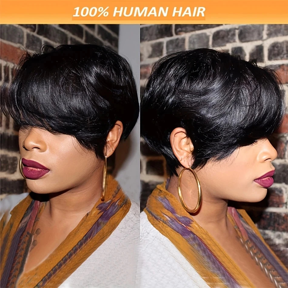 JNETTE CHANEL pixie cut human hair wig with bangs, lace wig style, showcasing short, layered blonde hair with natural texture.