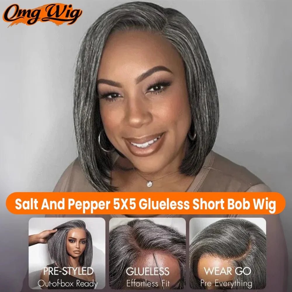 JNETTE CHANEL salt and pepper human hair lace front straight bob wig, natural-looking with a seamless glueless lace installation.