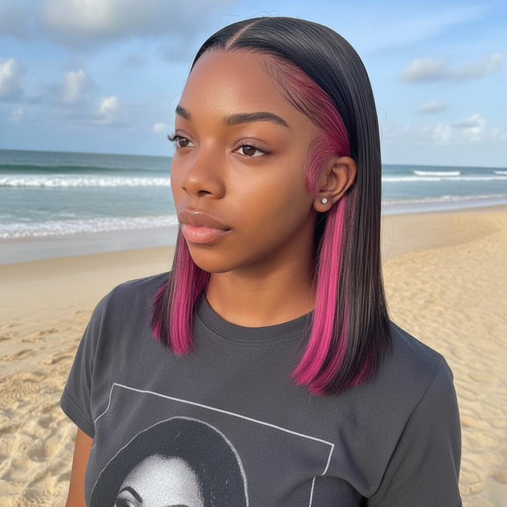 Synthetic  Heat Resistance Lace Front Black/Pink Highlight Short Bob Wigs