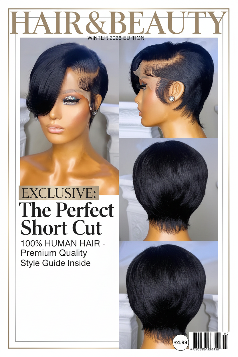Pixie cut transparent lace front Brazilian human hair wig by JNETTE CHANEL with natural hair texture and lace front for a realistic look