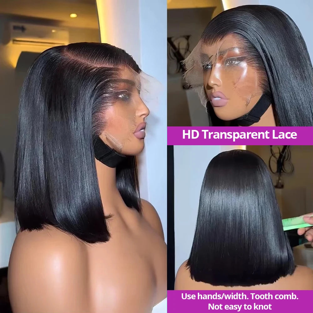 JNETTE CHANEL glueless precut lace front HD silky straight human hair bob wig showing natural hairline and smooth texture.