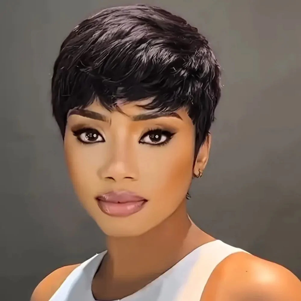 JNETTE CHANEL Pixie cut wig with bangs, Brazilian Remy human hair, lace wig for natural-looking beauty and stylish short hair.