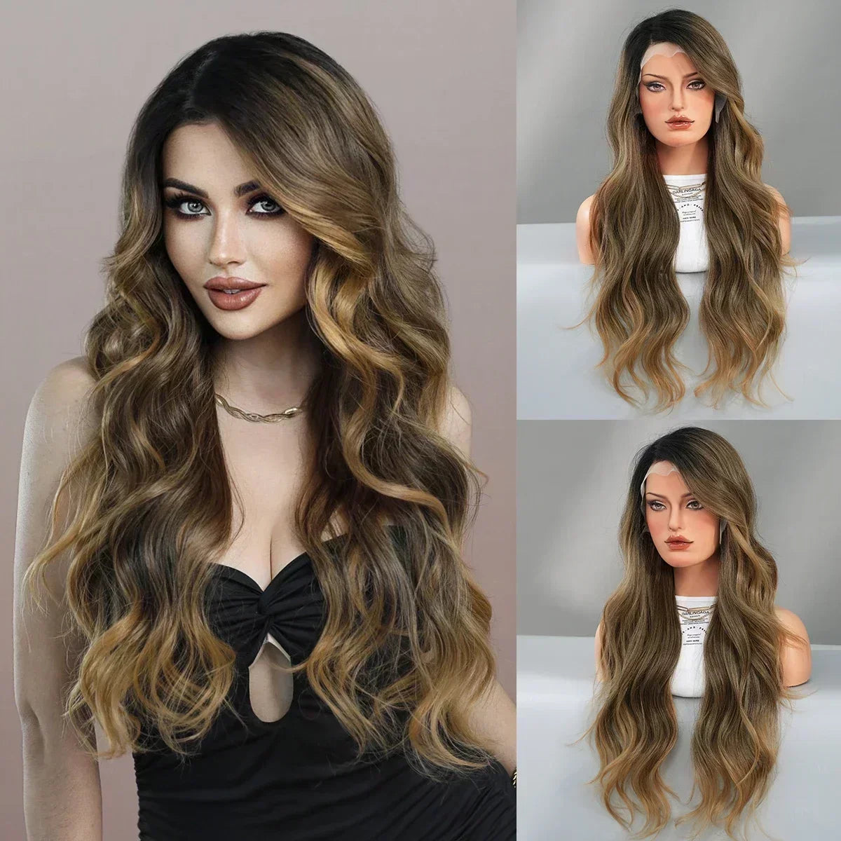 Synthetic Heat Resistant Lace Front HD Transparent Ombre  Body Wavy  with Bangs Wigs
