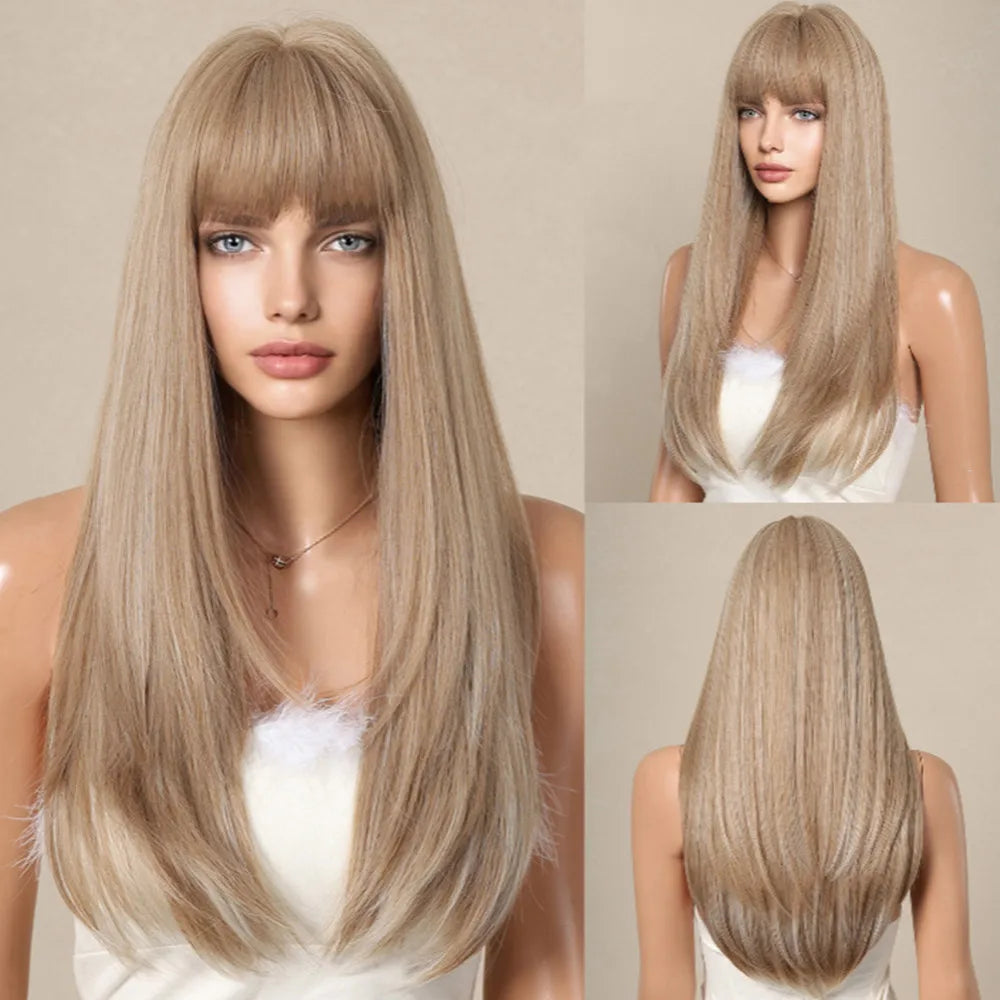 Synthetic Heat Resistant Ombré Layered Straight with Bangs Wigs