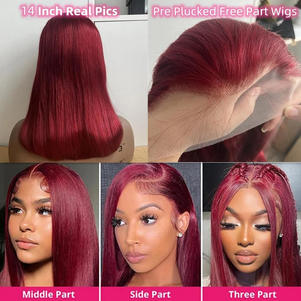 Lace front burgundy straight bob wig made from human hair by JNETTE CHANEL, showcasing sleek, smooth hair with natural hairline.