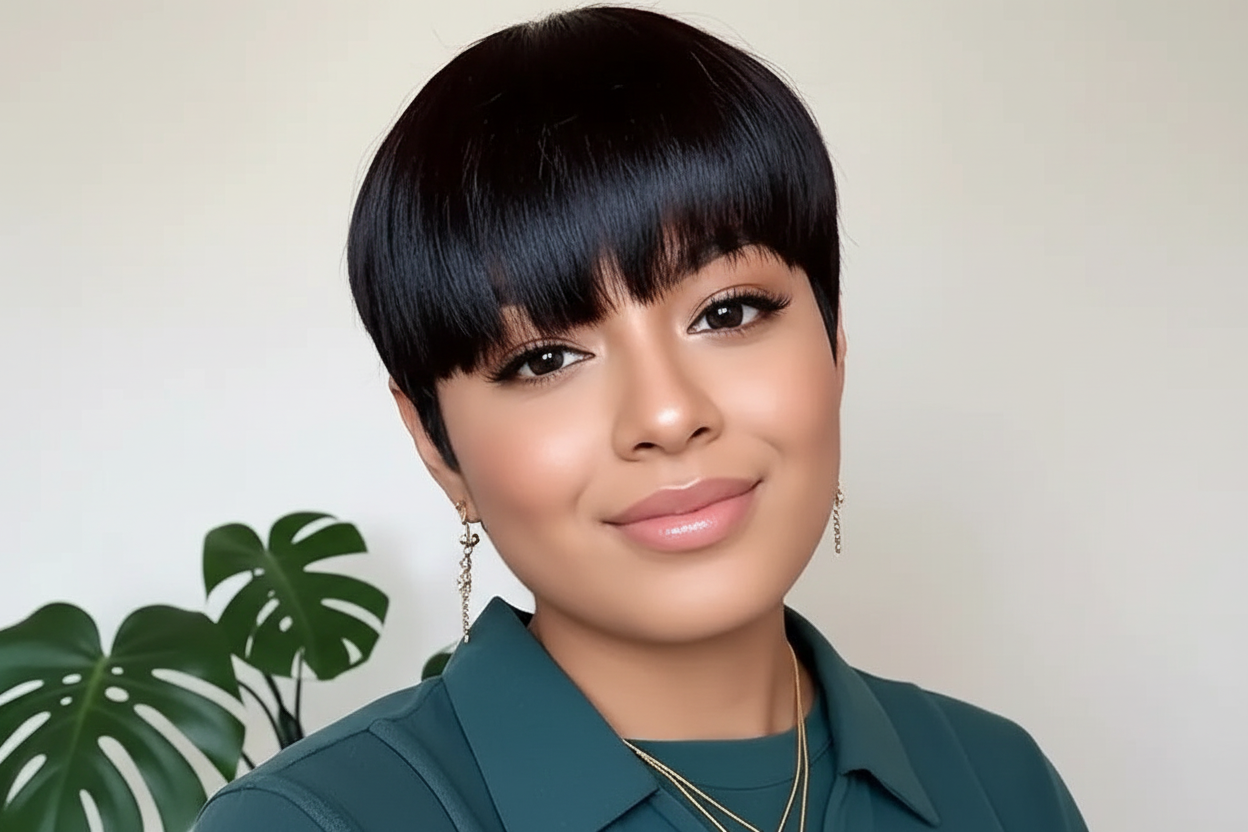 Brazilian human hair wig with bangs, sleek pixie cut style by JNETTE CHANEL, showcasing lace wig construction and natural hair texture.