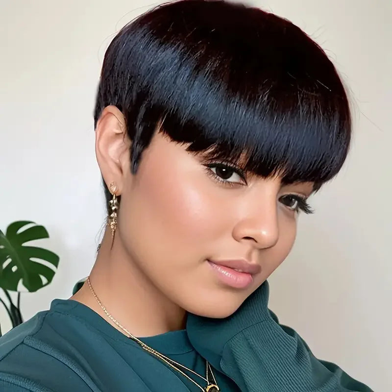 Brazilian human hair pixie cut wig with bangs by JNETTE CHANEL, featuring a natural lace wig style with short, layered hair.