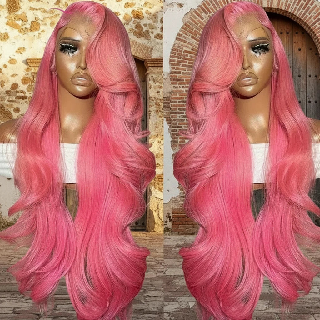 Light pink human hair lace front body wave wig by JNETTE CHANEL, showcasing natural-looking lace wig with soft waves and transparent lace.