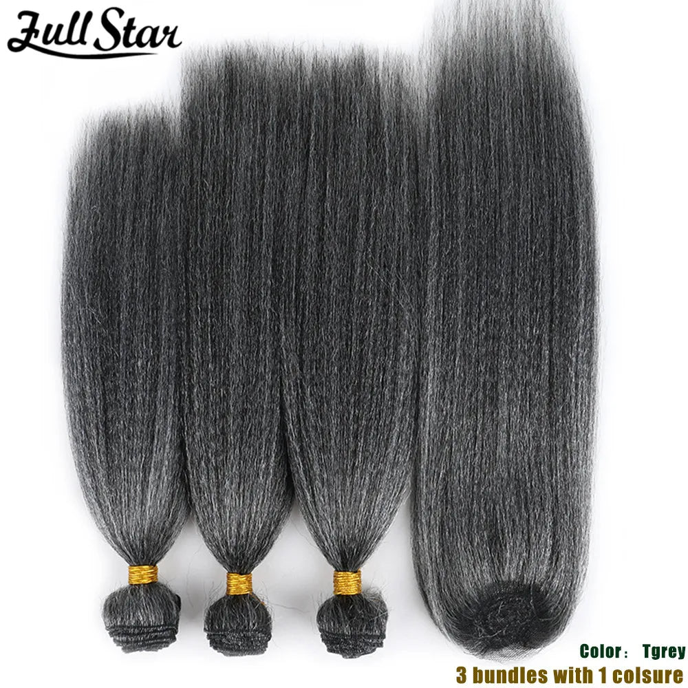Yaki Straight Hair Bundle with Closure – Heat-Resistant Synthetic Weave Hair Extensions