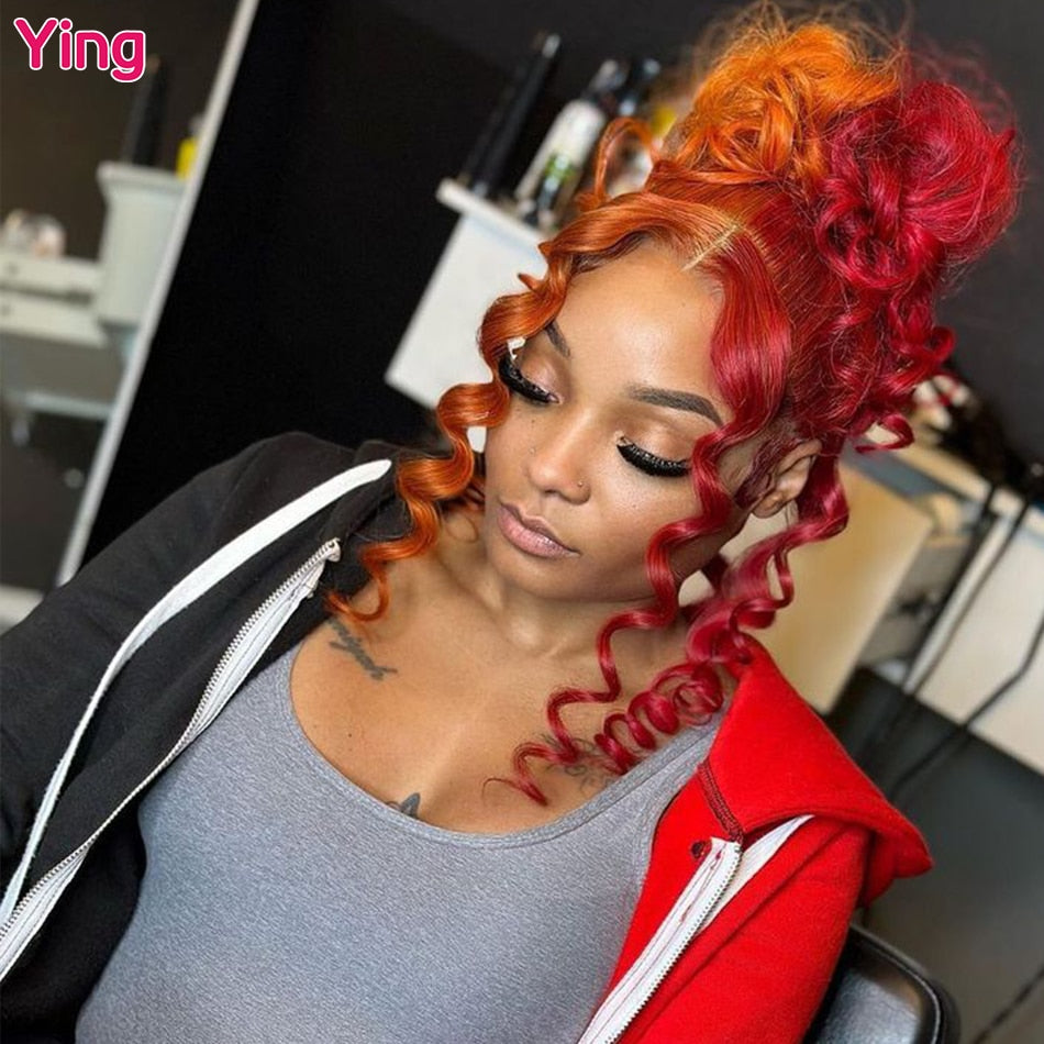 Lace Front PrePlucked Half Color Orange Red Curly Remy Human Hair Wig