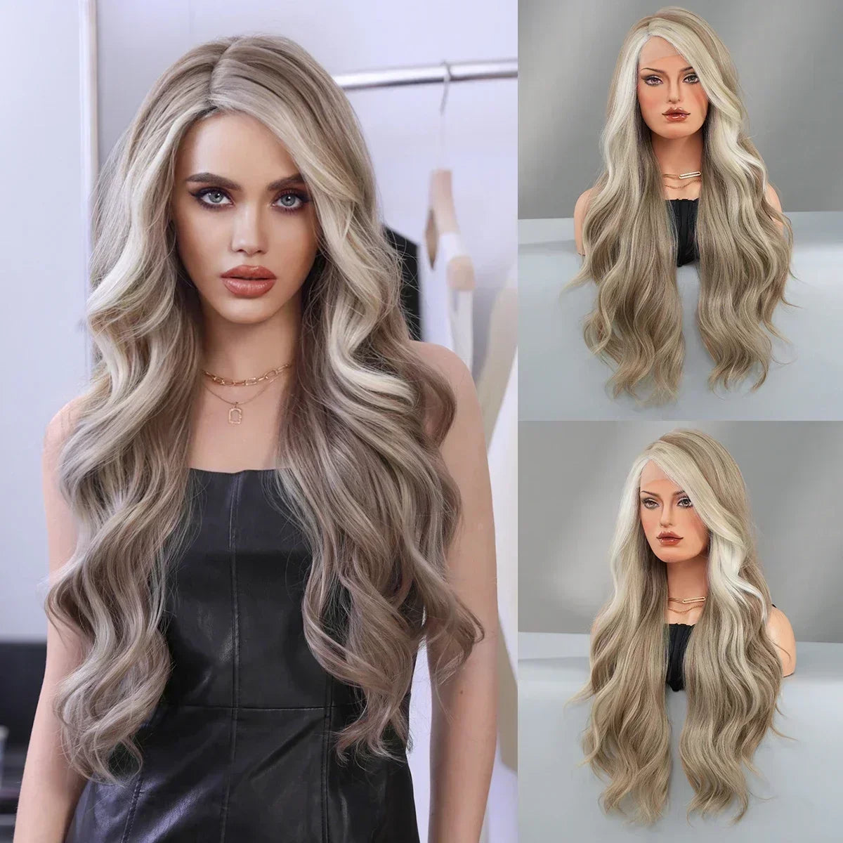 Synthetic Heat Resistant Lace Front HD Transparent Ombre  Body Wavy  with Bangs Wigs