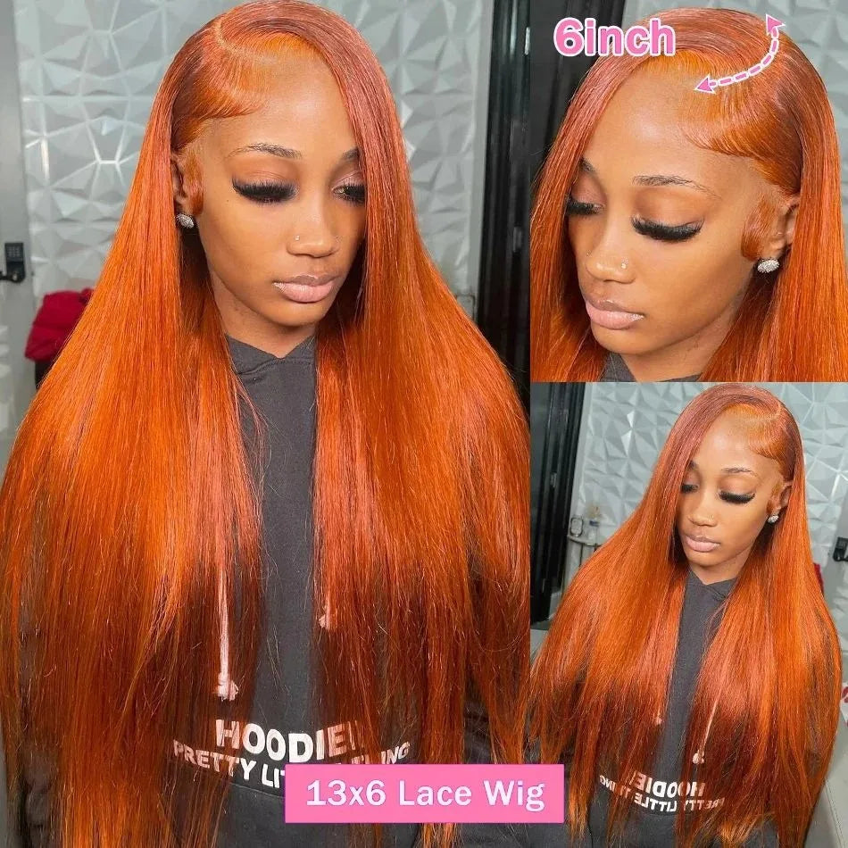 Lace Front HD Brazilian Human Hair Ginger Orange  Straight Wigs
