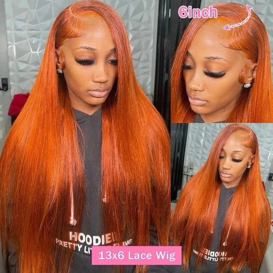Lace Front HD Brazilian Human Hair Ginger Orange  Straight Wigs