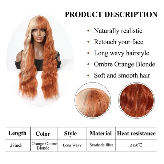 Synthetic Heat Resistant Curly Ombre Long Wavy Wigs with Bangs