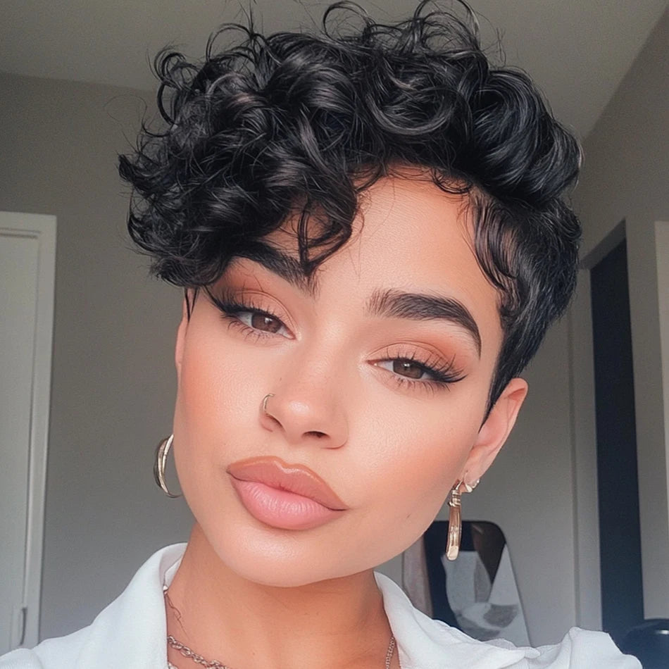 Brazilian Remy Human Hair Pixie Cut Wig – Layered Loose Curls with Bangs