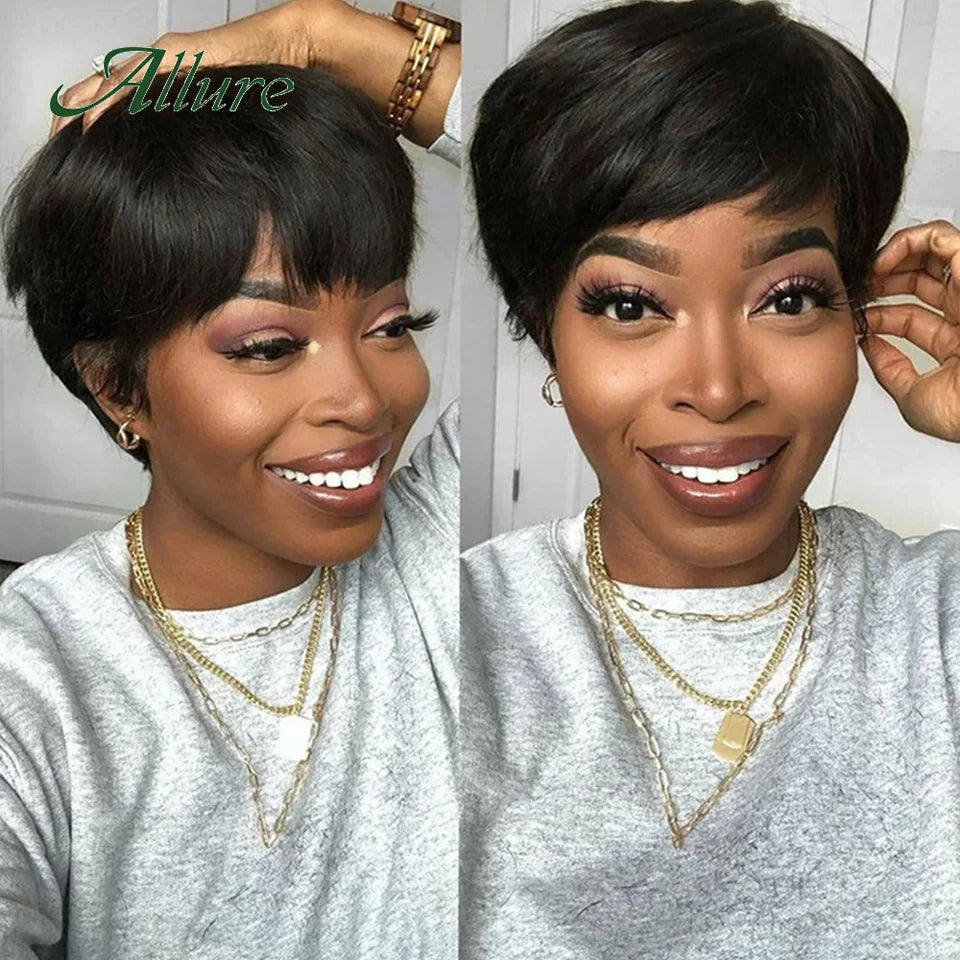 Glueless Pixie Cut Short Human Hair Straight Hair With Bangs Wigs