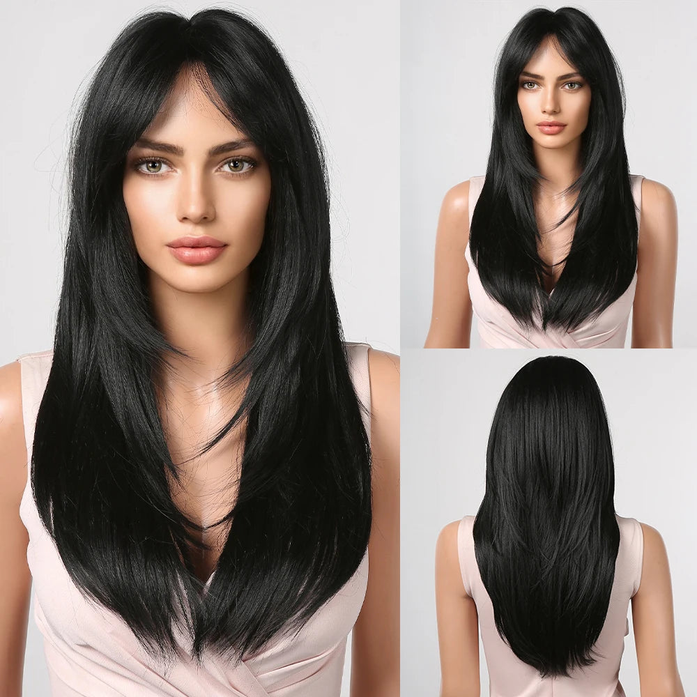Synthetic Heat Resistant Ombré Layered Straight with Bangs Wigs