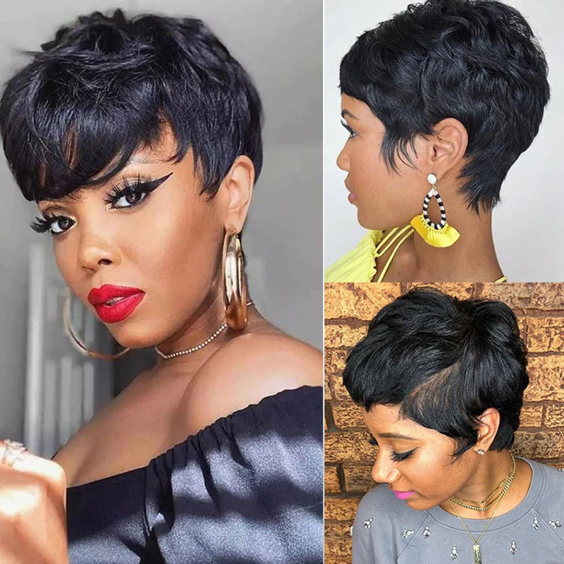 Glueless Pixie Cut Short Human Hair With Bangs Wigs