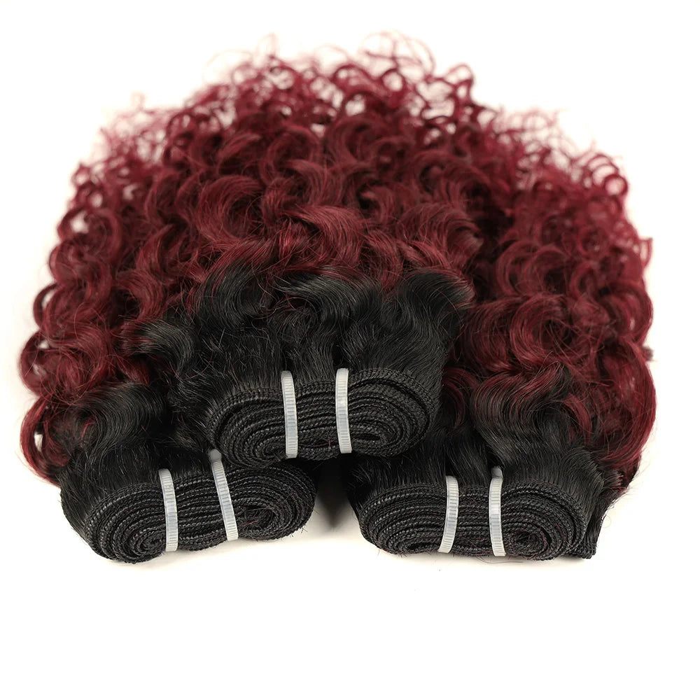 Kinky Curly Burgundy Bob Human Hair Bundles – Black Root Water Wave Sew-In Extensions