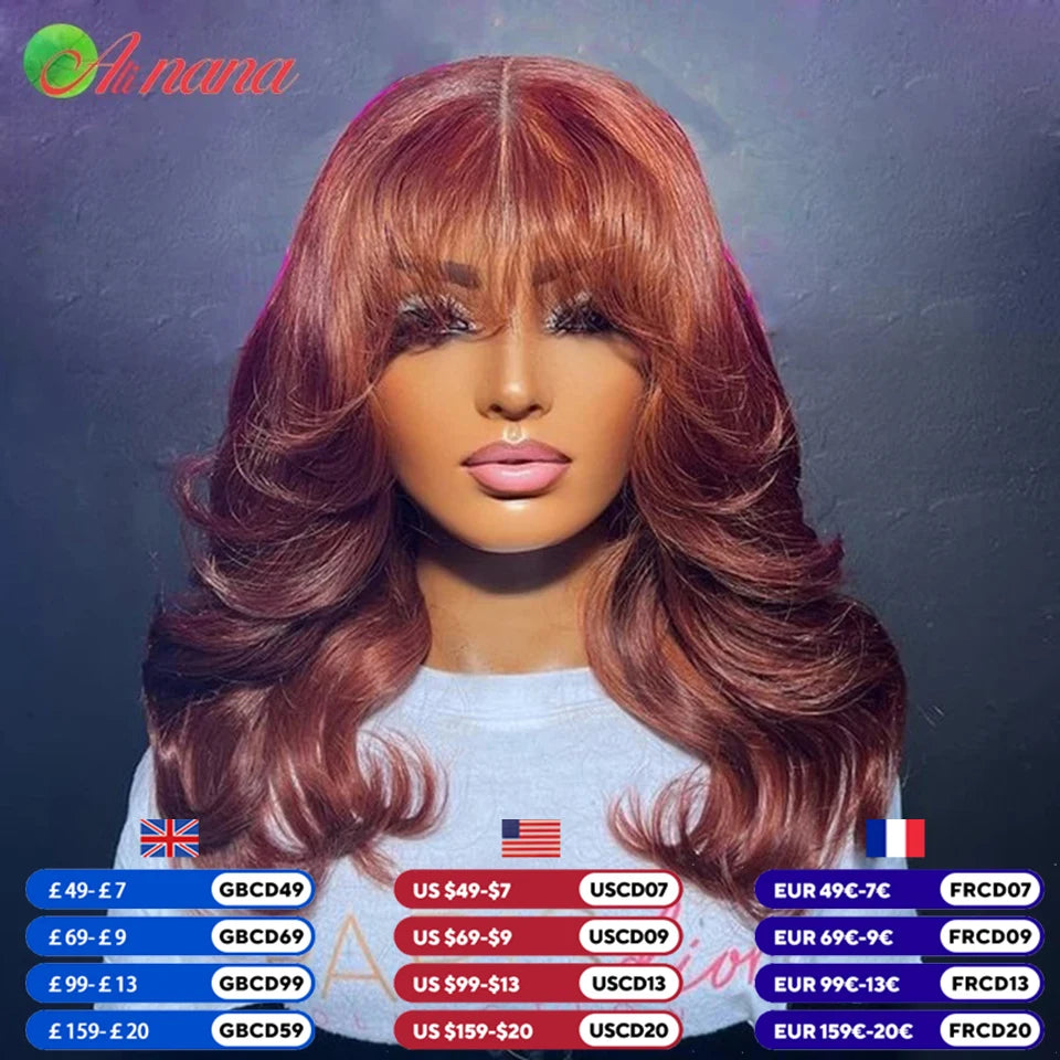 JNETTE CHANEL lace front body wave wig with bangs, Brazilian Remy human hair, showcasing natural waves and styled bangs.