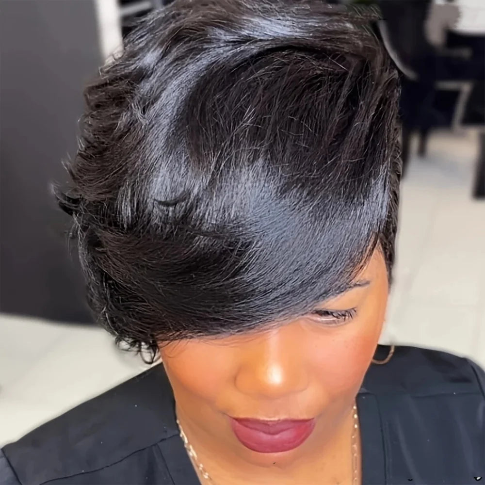 JNETTE CHANEL Pixie cut human hair wig with bangs, lace wig style, showcasing natural-looking short hairstyle with layered texture.