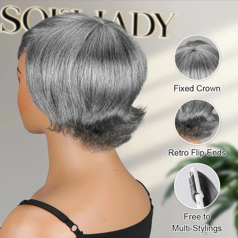 Pixie Cut Glueless Human Hair With Retro Flip Ends Wigs