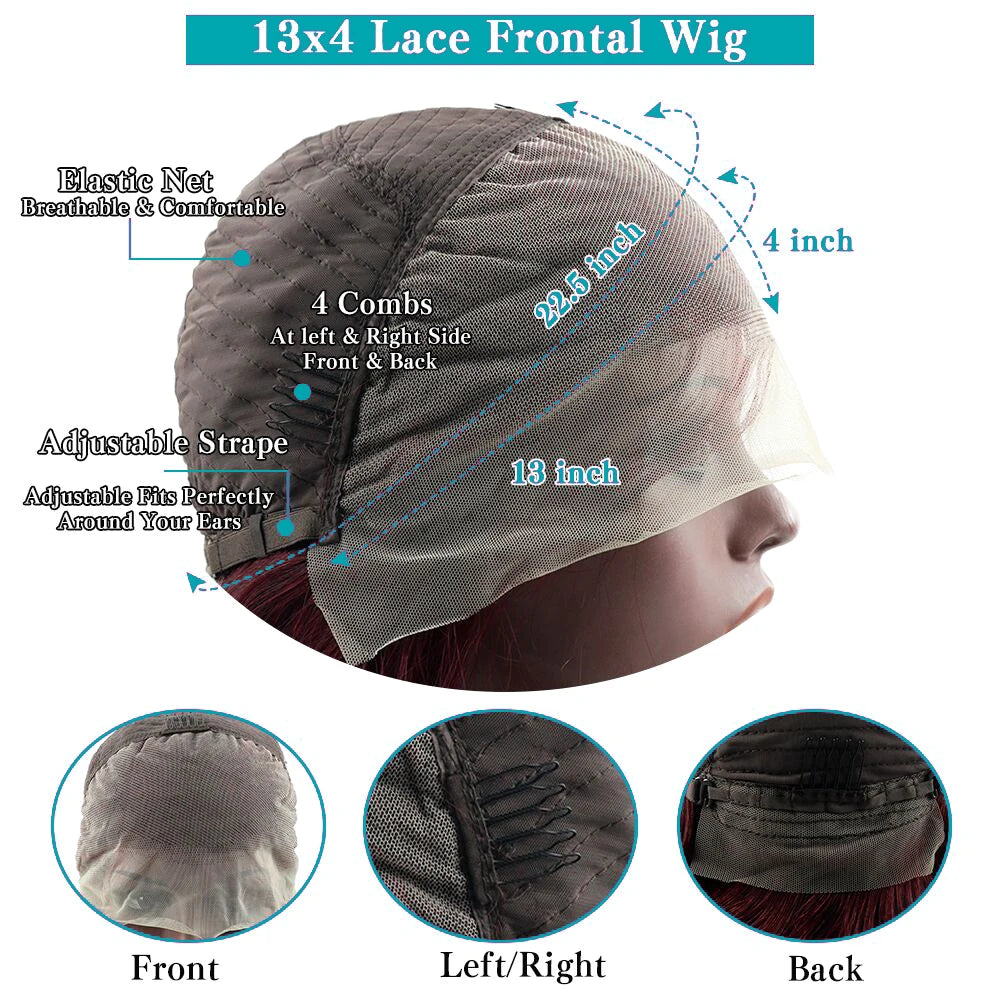 Lace front burgundy straight bob human hair wig by JNETTE CHANEL, showcasing smooth, sleek hair with natural hairline.