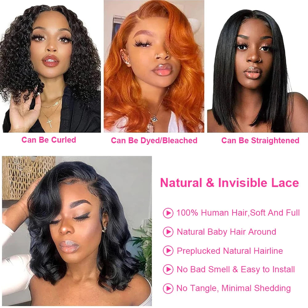 Glueless Lace Front Preplucked Human Hair Body Wave Short Bob Wigs