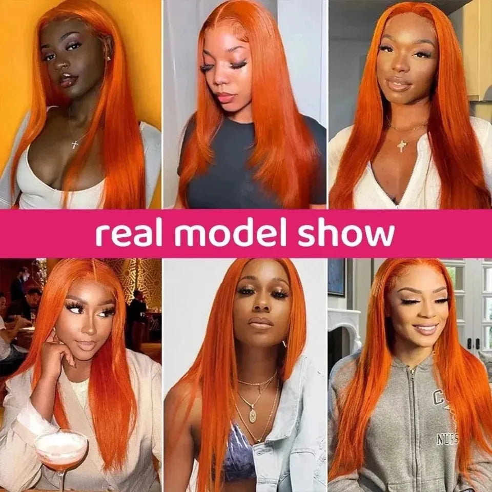 Lace Front HD Brazilian Human Hair Ginger Orange  Straight Wigs