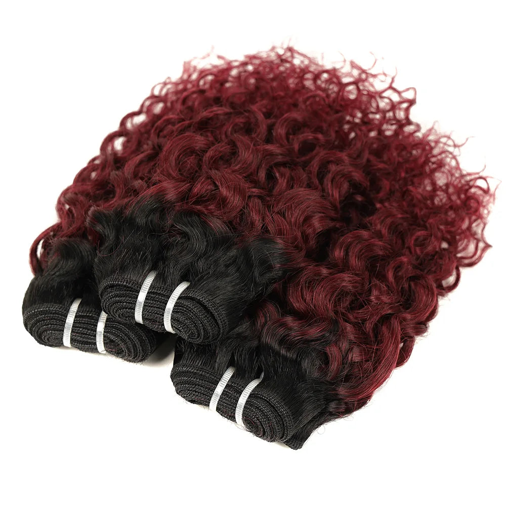 Kinky Curly Burgundy Bob Human Hair Bundles – Black Root Water Wave Sew-In Extensions