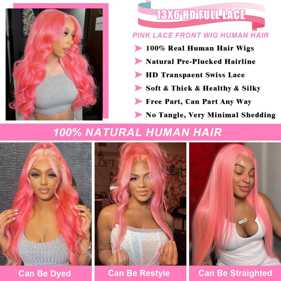 Lace Front Pink Body Wave Brazilian Human Hair Wigs