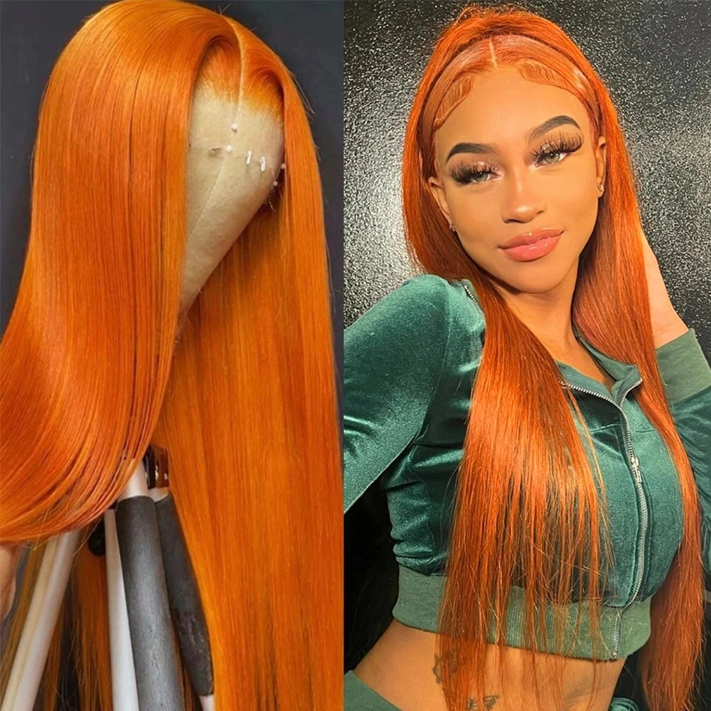 Lace Front HD Brazilian Human Hair Ginger Orange  Straight Wigs