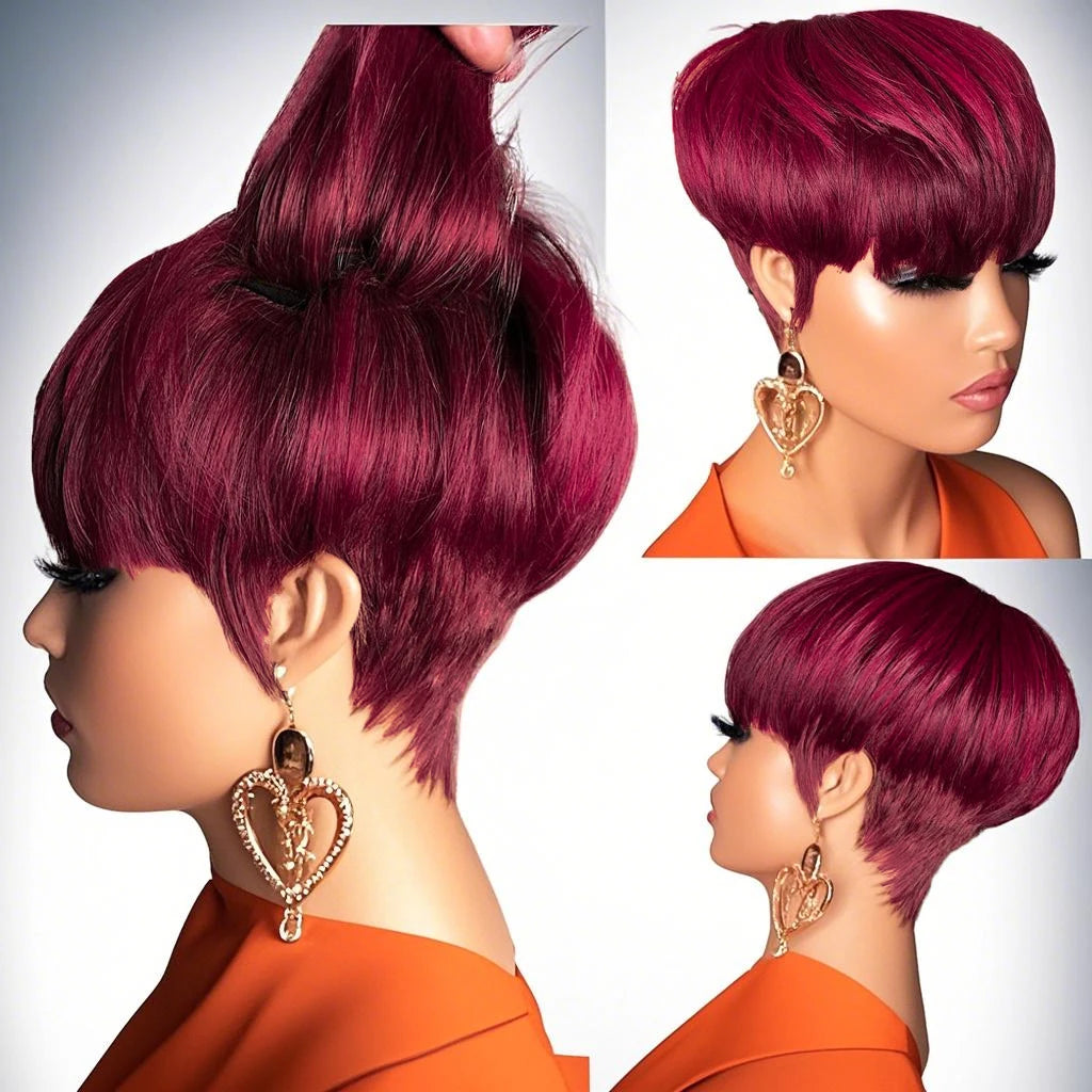 JNETTE CHANEL pixie cut human hair wig with bangs, lace front, natural blonde color, styled with short layered hair.