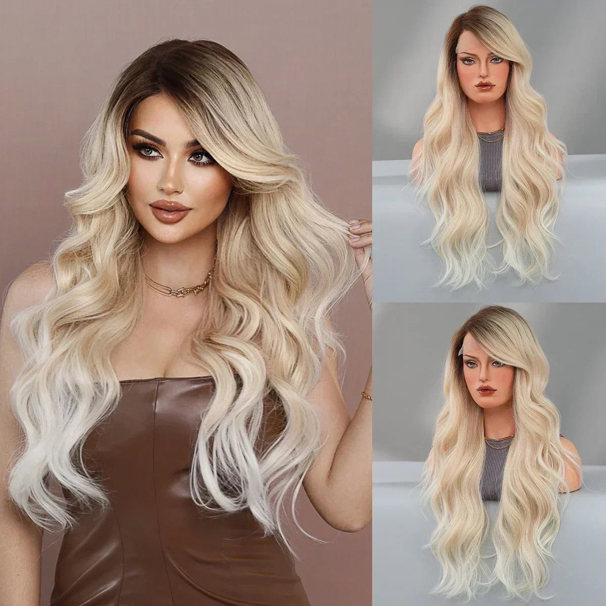 Synthetic Heat Resistant Lace Front HD Transparent Ombre  Body Wavy  with Bangs Wigs