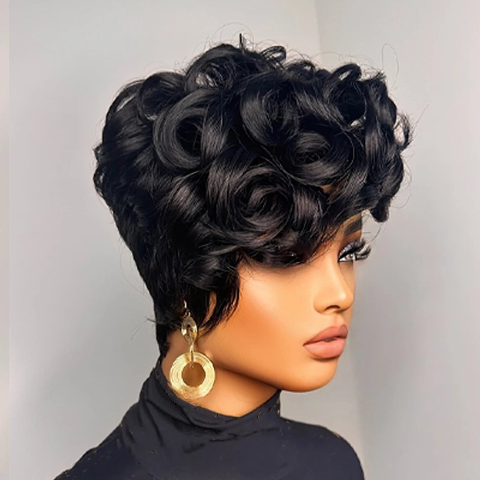 Brazilian Remy Human Hair Pixie Cut Wig – Layered Loose Curls with Bangs