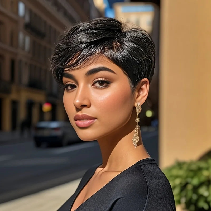 Pixie Cut  Human Hair with Bangs Wigs
