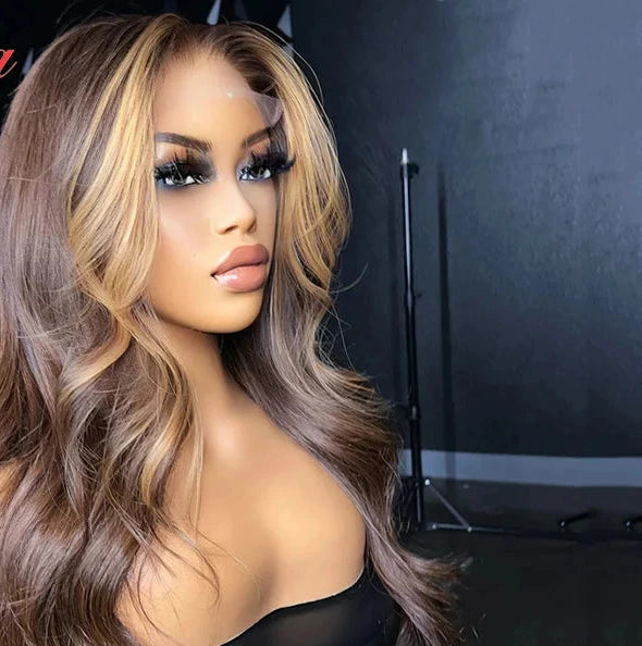 JNETTE CHANEL lace front HD body wave ombre pre-plucked human hair wig, showcasing natural waves and seamless hairline.