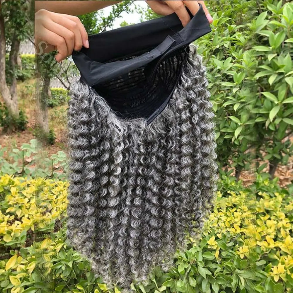 Glueless  Gray Headband Human Hair Brazilian Kinky Wigs
