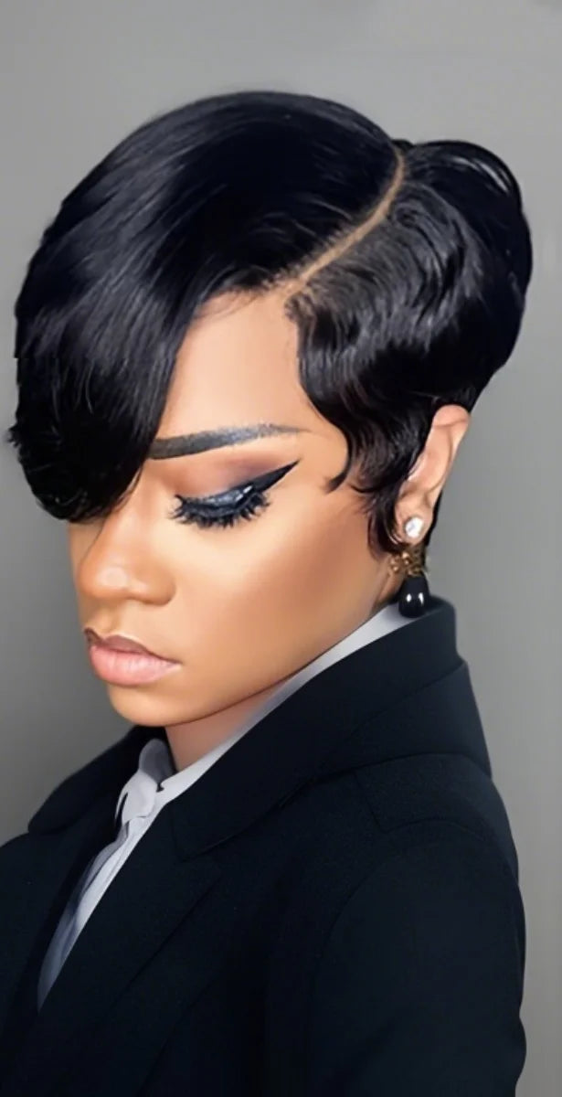 JNETTE CHANEL pixie cut human hair wig with bangs, lace wig style, showcasing short, layered blonde hair with natural texture.