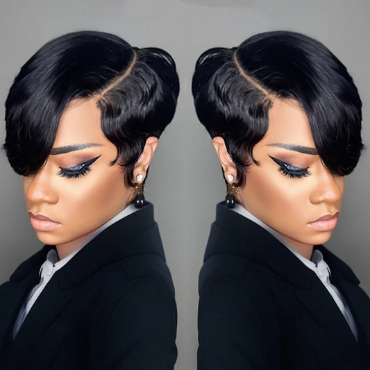 Pixie Cut Human Hair 
with Bangs Wigs