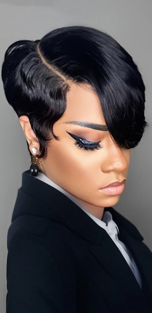 JNETTE CHANEL pixie cut human hair wig with bangs, lace front style, showcasing short, layered blonde hairstyle.