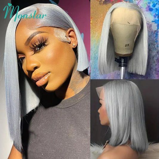 Lace Front Grey Short Bob Brazilian Human Remy Hair Transparent  Wig