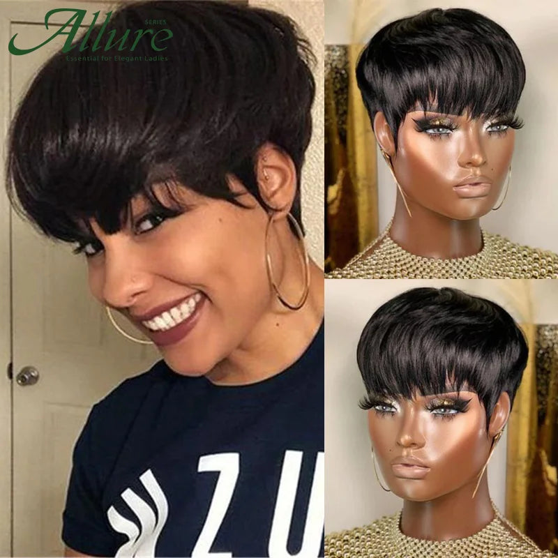 Glueless Pixie Cut Short Human Hair Straight Hair With Bangs Wigs