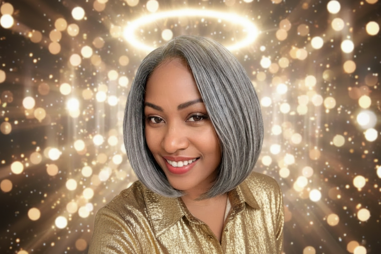 JNETTE CHANEL glueless lace front straight bob salt and pepper human hair wig with natural hairline and sleek styling.