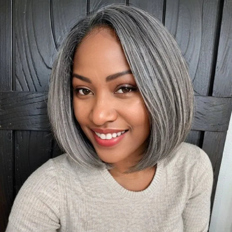 JNETTE CHANEL glueless lace front straight bob salt and pepper human hair wig, showcasing realistic hair texture and lace cap.