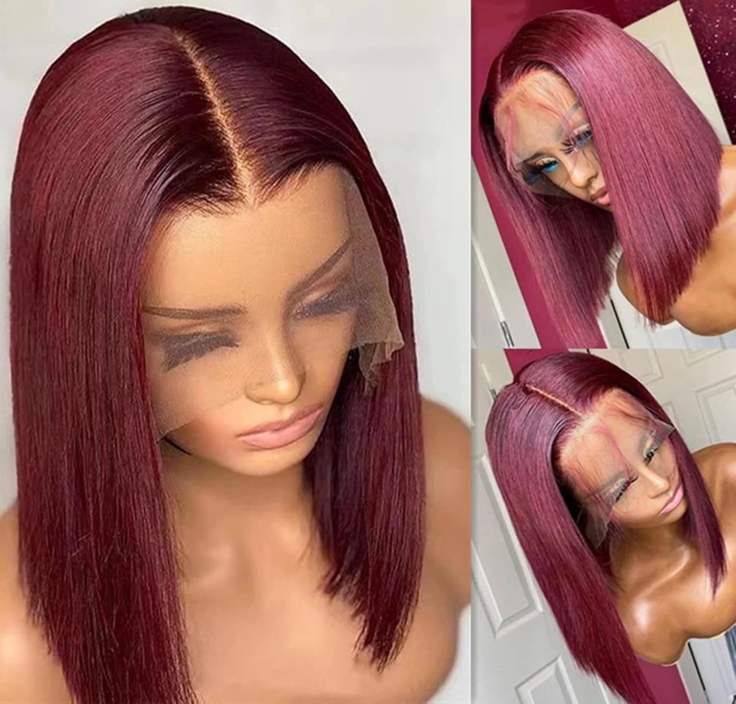 Lace front burgundy straight bob human hair wig by JNETTE CHANEL, styled with sleek, smooth strands and natural hairline.