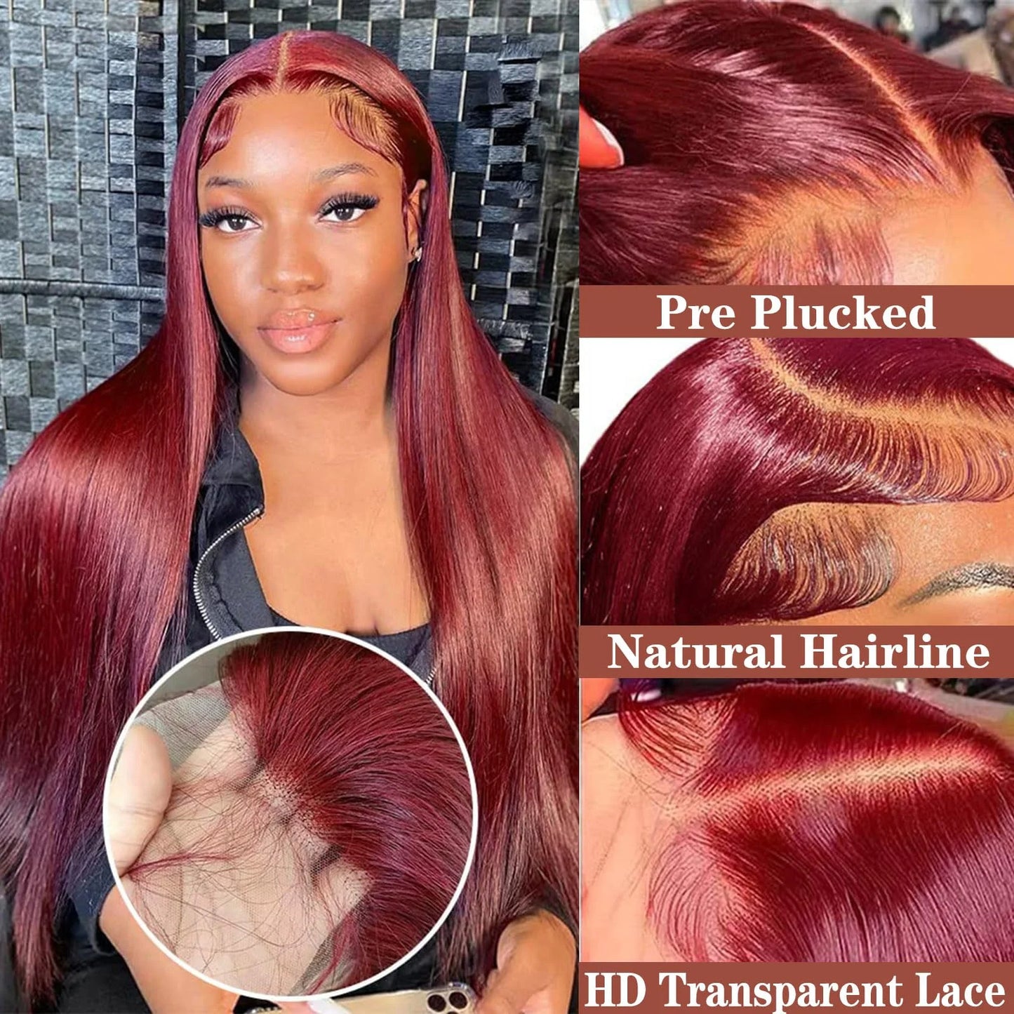 Glueless Lace Front Burgundy Straight Human Hair Wig